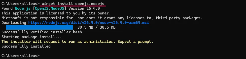 winget install openjs.nodejs 실행 — Node.js 다운로드와 설치가 완료된 화면