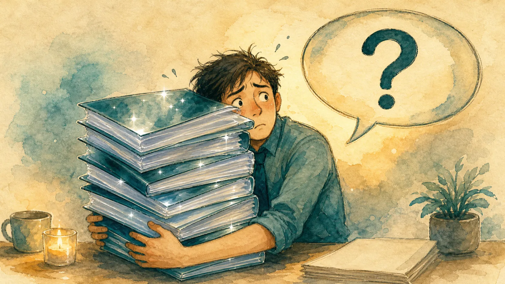 반짝이는 보고서 더미를 안고 있는 정대리의 뒤에서 물음표가 그려진 팀장의 말풍선이 떠 있다. 보고서들은 표지만 화려하고 속지가 반투명하게 비쳐 속이 비어 보이는 수채 일러스트 [틸 슬레이트 악센트] — AI generated by codex (gpt-5.5)