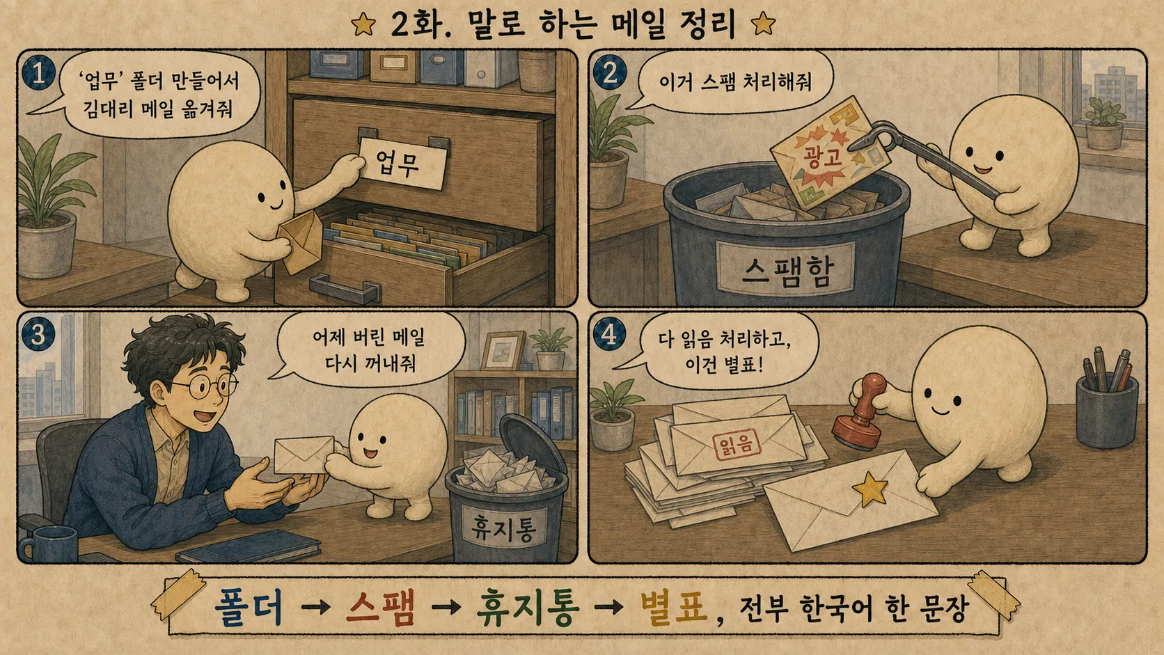 "2화. 말로 하는 메일 정리" 4컷 만화. 컷1: 조수 캐릭터가 나무 서랍장에 '업무' 라벨을 붙이고 봉투를 넣는다 — "'업무' 폴더 만들어서 김대리 메일 옮겨줘". 컷2: 집게로 '광고' 봉투를 '스팸함' 통에 떨어뜨린다 — "이거 스팸 처리해줘". 컷3: '휴지통'에서 봉투를 꺼내 과장에게 건넨다 — "어제 버린 메일 다시 꺼내줘". 컷4: 봉투 더미에 '읽음' 도장을 찍고 한 봉투에 금색 별을 붙인다 — "다 읽음 처리하고, 이건 별표!". 하단 배너: 폴더 → 스팸 → 휴지통 → 별표, 전부 한국어 한 문장