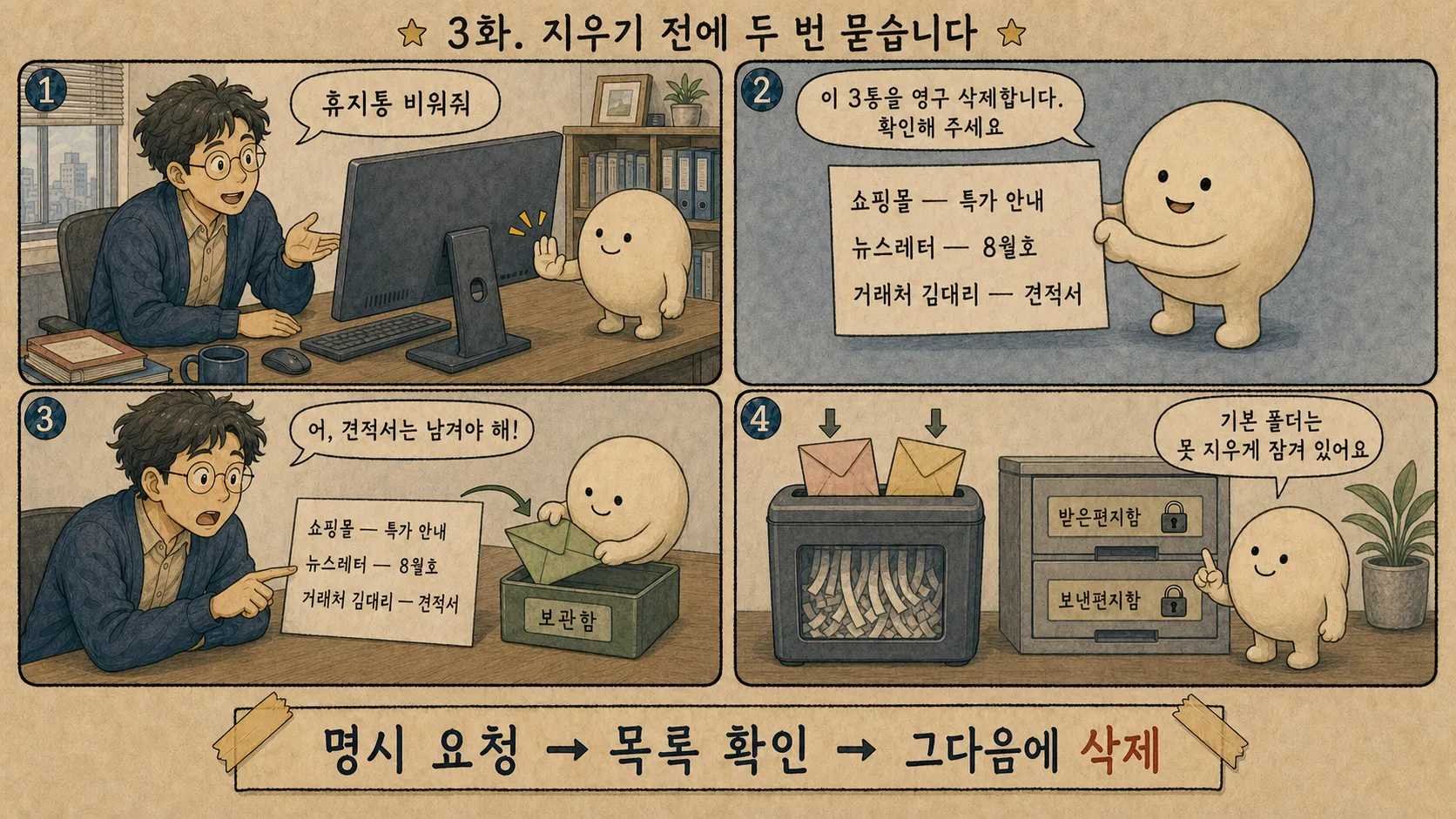 "3화. 지우기 전에 두 번 묻습니다" 4컷 만화. 컷1: 과장이 "휴지통 비워줘"라고 하자 조수 캐릭터가 잠깐 하는 손짓. 컷2: 조수가 삭제 예정 목록(쇼핑몰—특가 안내, 뉴스레터—8월호, 거래처 김대리—견적서)을 들어 보이며 "이 3통을 영구 삭제합니다. 확인해 주세요". 컷3: 과장이 "어, 견적서는 남겨야 해!"라며 가리키자 조수가 그 봉투를 보관함으로 뺀다. 컷4: 봉투 2통만 파쇄기로 들어가고, 받은편지함·보낸편지함 서랍에는 자물쇠 — "기본 폴더는 못 지우게 잠겨 있어요". 하단 배너: 명시 요청 → 목록 확인 → 그다음에 삭제