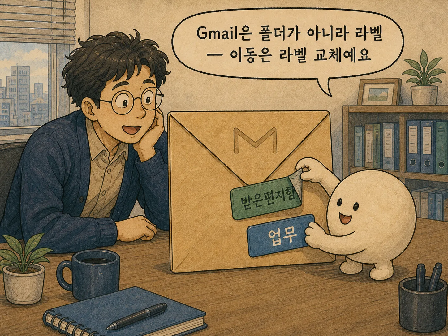 1컷 일러스트. 조수 캐릭터가 M 무늬가 그려진 큰 봉투에서 '받은편지함' 라벨 스티커를 떼어 내고 '업무' 라벨을 새로 붙이고 있다. 말풍선: "Gmail은 폴더가 아니라 라벨 — 이동은 라벨 교체예요"
