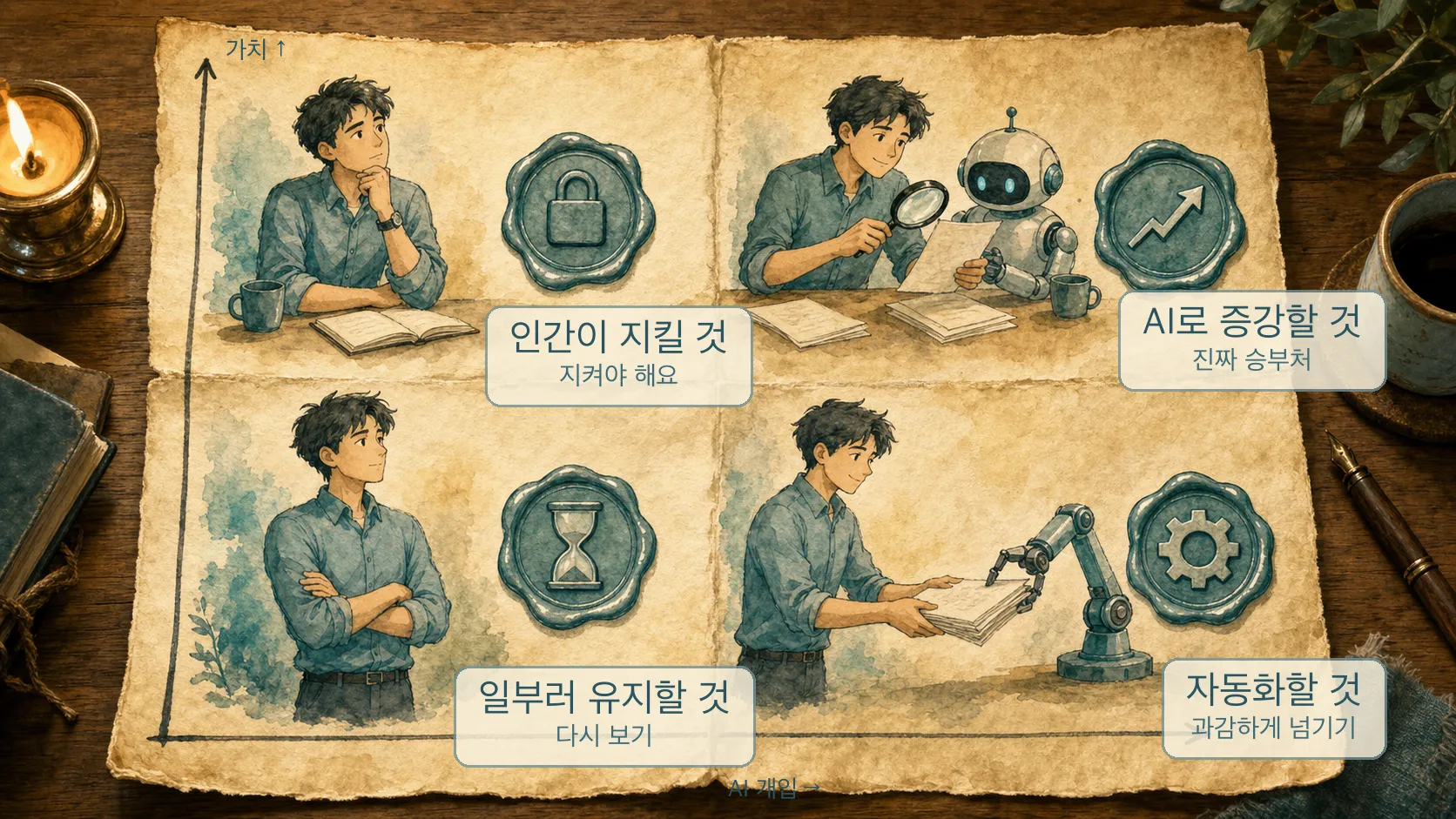 네 칸으로 접힌 종이 지도 위에 같은 회사원이 네 번 등장하는 수채 일러스트. 왼쪽 위는 턱을 괴고 고민하는 모습에 자물쇠 스탬프와 "인간이 지킬 것 — 지켜야 해요" 라벨, 오른쪽 위는 로봇과 나란히 돋보기로 문서를 검증하는 모습에 상승 화살표 스탬프와 "AI로 증강할 것 — 진짜 승부처" 라벨, 왼쪽 아래는 팔짱 끼고 기다리는 모습에 모래시계 스탬프와 "일부러 유지할 것 — 다시 보기" 라벨, 오른쪽 아래는 서류를 로봇 팔에 건네는 모습에 톱니바퀴 스탬프와 "자동화할 것 — 과감하게 넘기기" 라벨. 축은 세로 가치, 가로 AI 개입 [틸 슬레이트 악센트] — AI generated by codex (gpt-5.5), 한글 라벨 후처리 합성
