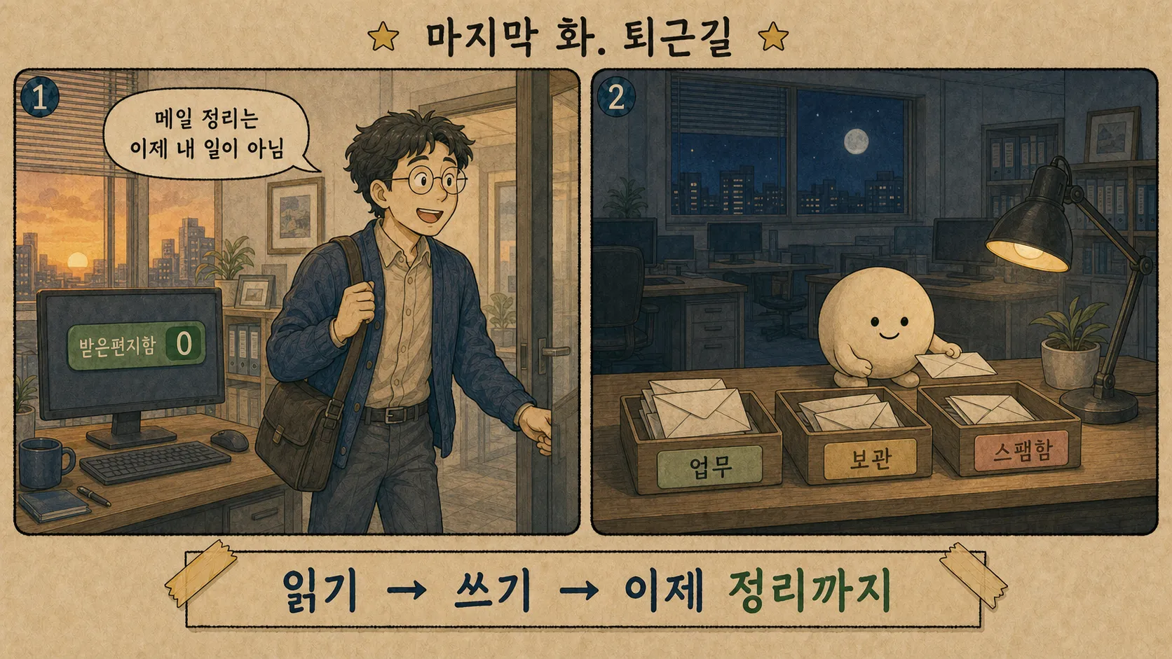 "마지막 화. 퇴근길" 2컷 만화. 컷1: 노을 지는 금요일 저녁, 모니터에 초록색 '받은편지함 0', 가방을 멘 과장이 "메일 정리는 이제 내 일이 아님"이라며 밝게 퇴근한다. 컷2: 달이 뜬 밤의 빈 사무실, 스탠드 불빛 아래 조수 캐릭터가 업무·보관·스팸함 트레이에 조용히 봉투를 분류하고 있다. 하단 배너: 읽기 → 쓰기 → 이제 정리까지
