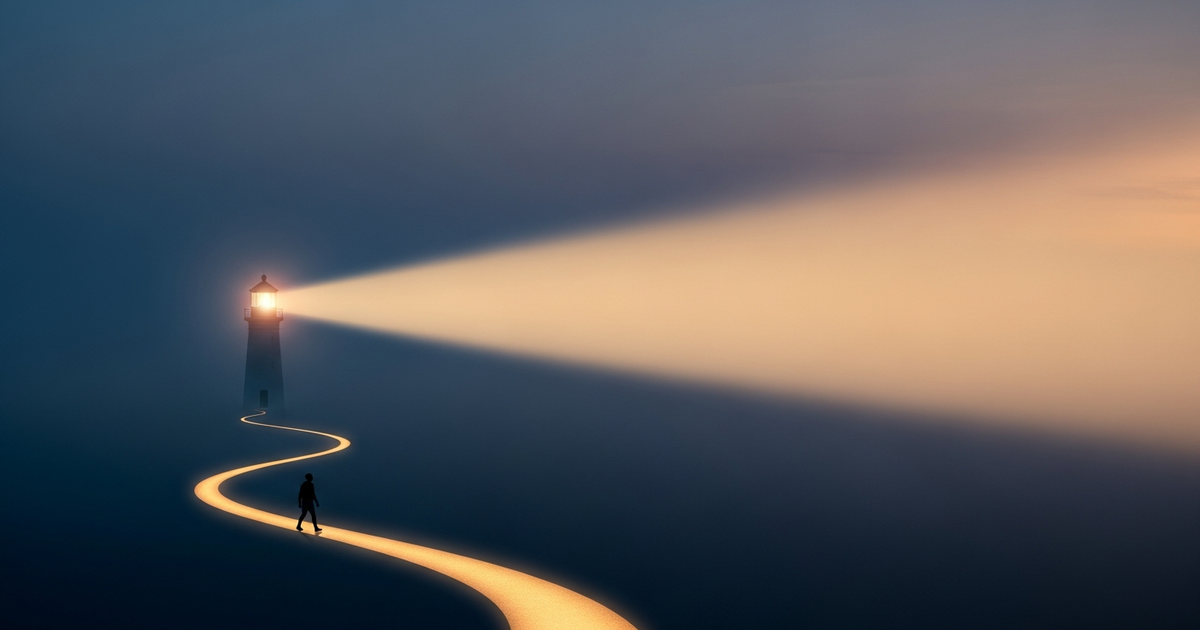 안개 속 등대가 빛줄기로 앞길을 비추고, 한 사람이 그 길 위에 첫 발을 내딛는 모습 — AI generated by imagen-4.0-generate-001