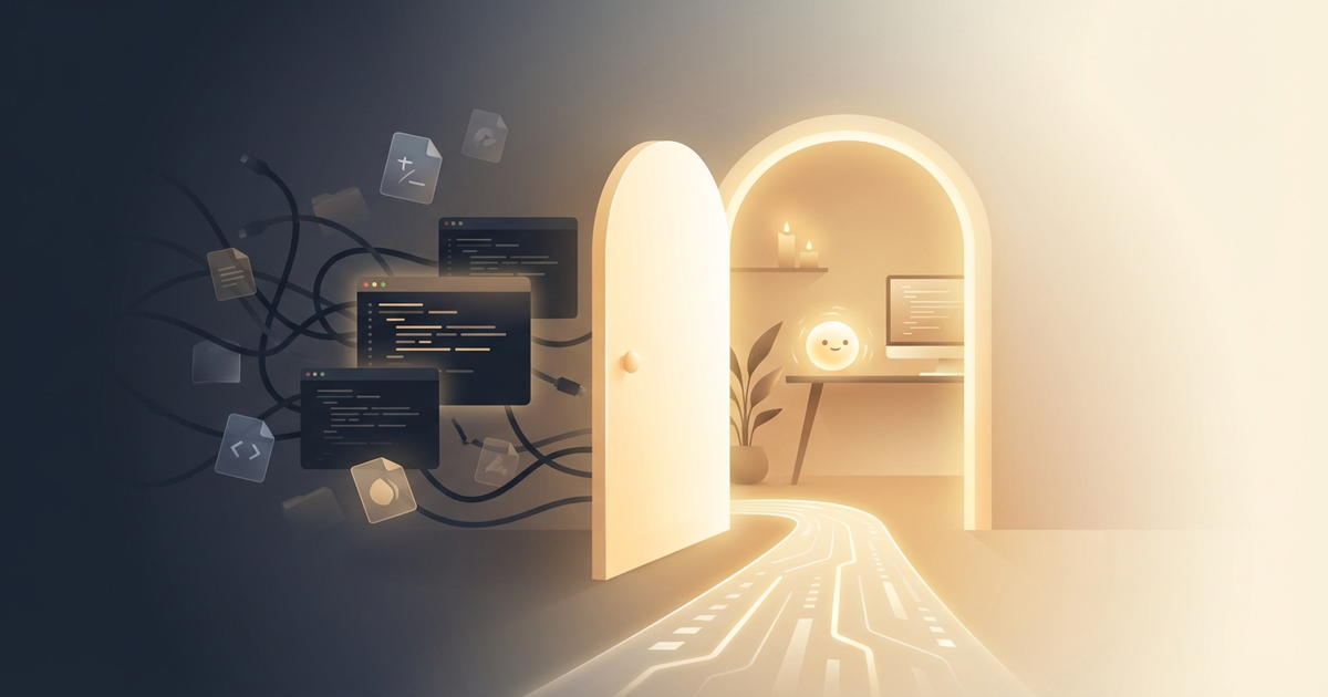 복잡한 코드와 케이블의 어두운 공간에서 아치형 문을 통해 따뜻한 AI 작업 공간으로 이어지는 길 — AI generated by gemini-3-pro-image-preview