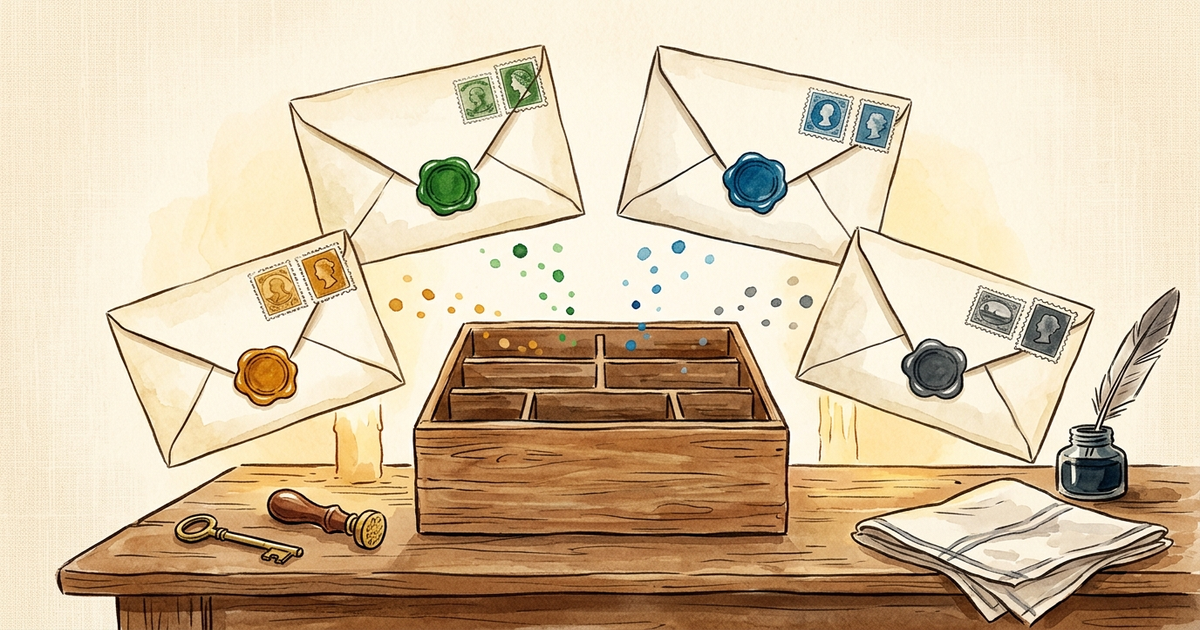 포레스트 그린·오션 블루·앰버 허니·슬레이트 그레이 왁스로 봉인된 네 개의 빈티지 편지봉투가 나무 분류함으로 수렴하는 수채 일러스트 [멀티 팔레트 악센트] — AI generated by gemini-3.1-flash-image-preview (약 122원)