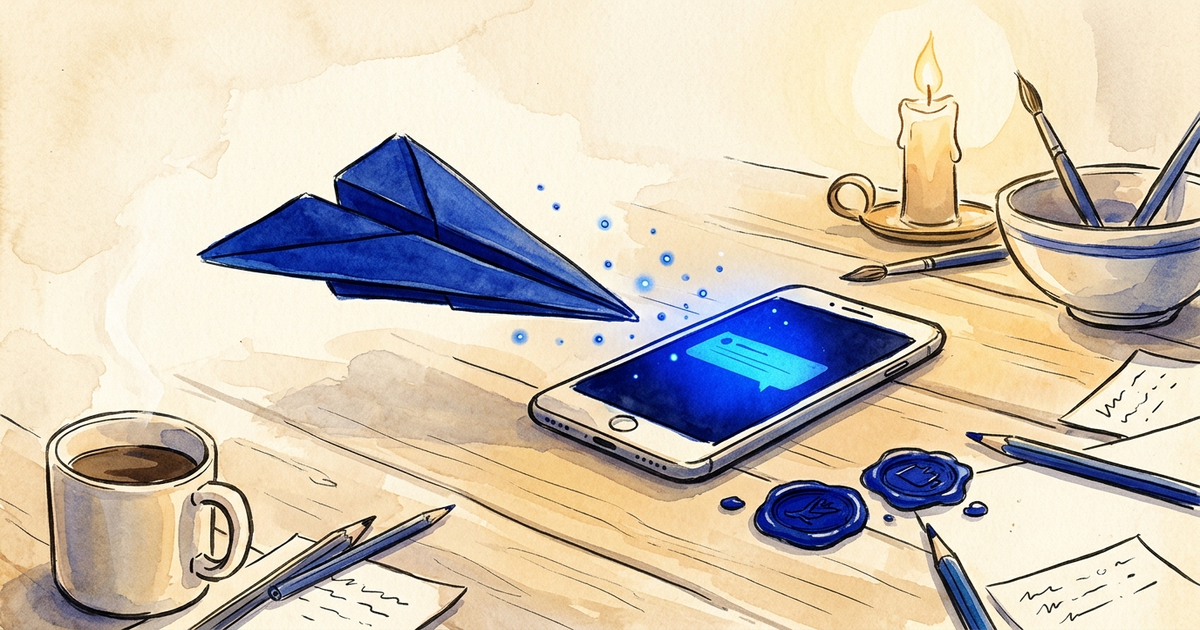 나무 책상 위 코발트 블루 종이비행기가 사파이어 알림 글로우를 발산하는 스마트폰으로 날아가는 수채 일러스트 [코발트 블루 악센트] — AI generated by gemini-3.1-flash-image-preview (약 125원)