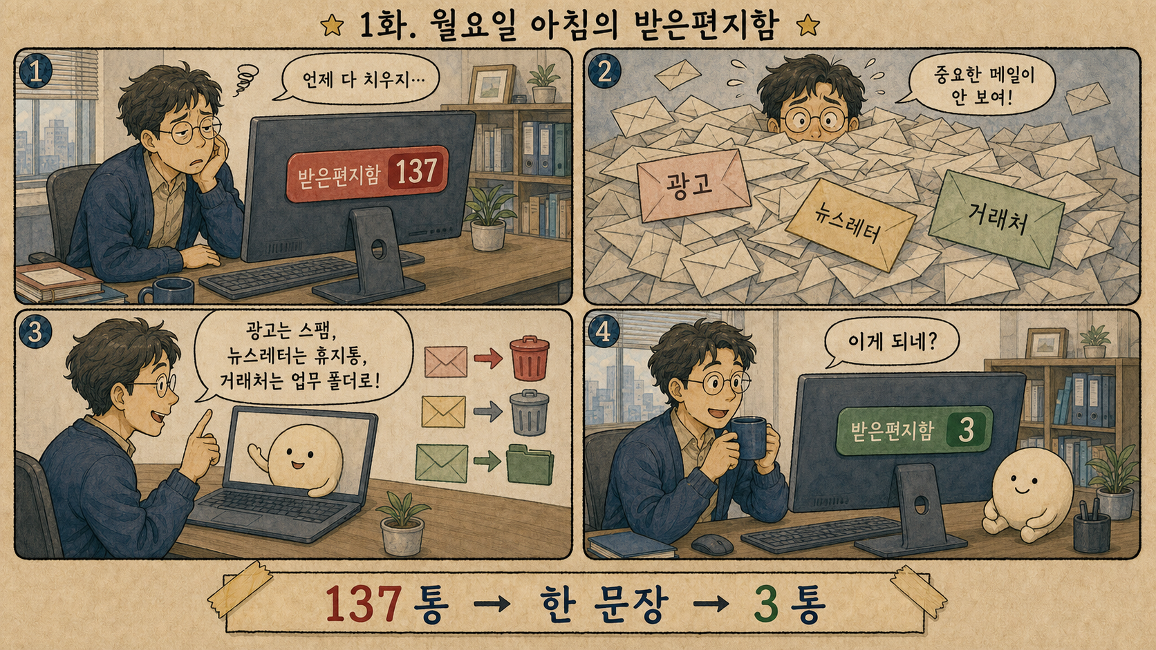 크라프트지 질감의 4컷 만화 '1화. 월요일 아침의 받은편지함'. 안경 쓴 사무직 과장이 받은편지함 137통에 파묻혔다가, 노트북 속 둥근 흰색 조수 캐릭터에게 '광고는 스팸, 뉴스레터는 휴지통, 거래처는 업무 폴더로!'라고 말하자 받은편지함이 3통으로 줄어 커피를 들고 여유로워지는 장면. 하단에 '137통 → 한 문장 → 3통' 테이프 배너 — AI generated by codex